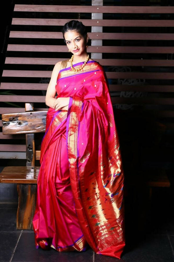 Very Much Indian Pure Silk Yeola Handloom Paithani Saree - Pretty Pink - Distacart