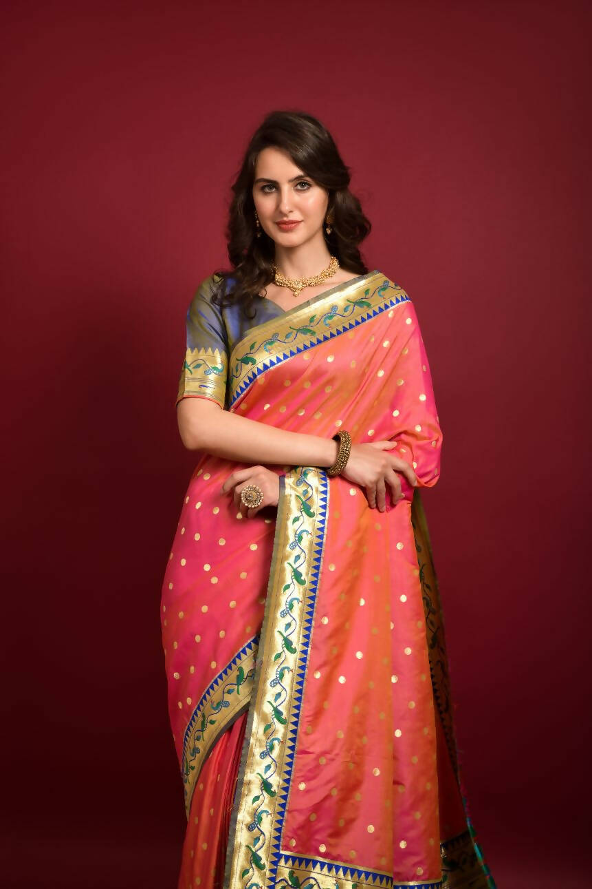 Vishnu Weaves Women's Pink Paithani Silk Zari Woven Saree with Unstitched Blouse - Distacart