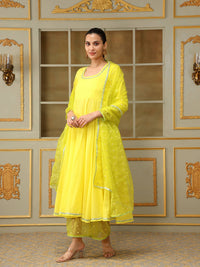 Thumbnail for Pomcha Jaipur Yellow Saadgi Yellow Mirror Work Anarkali Set - Distacart