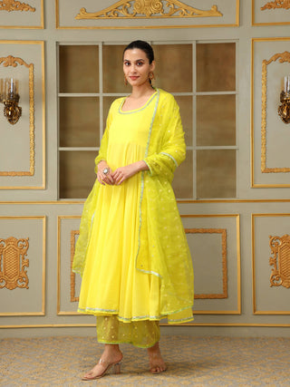 Pomcha Jaipur Yellow Saadgi Yellow Mirror Work Anarkali Set - Distacart