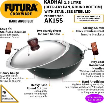 Hawkins Futura Hard Anodised Kadhai 22 cm Diameter with Lid 1.5 L (AK15S) - Distacart