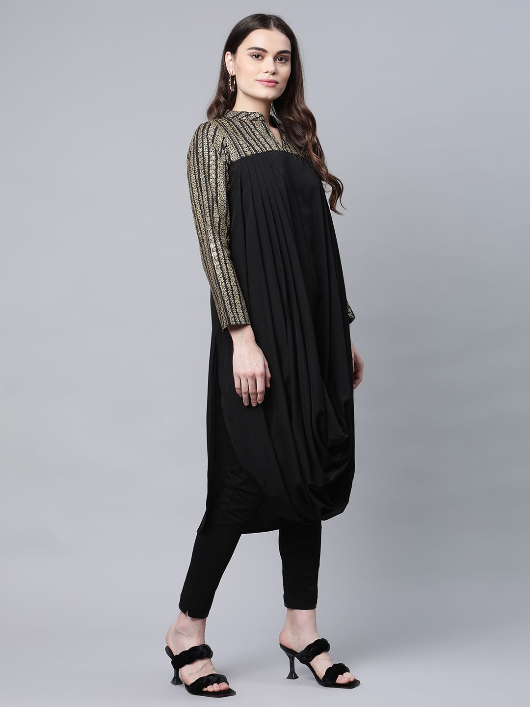Ahalyaa Womens Black Crepe Rubber Print Cowl Style Kurta - Distacart