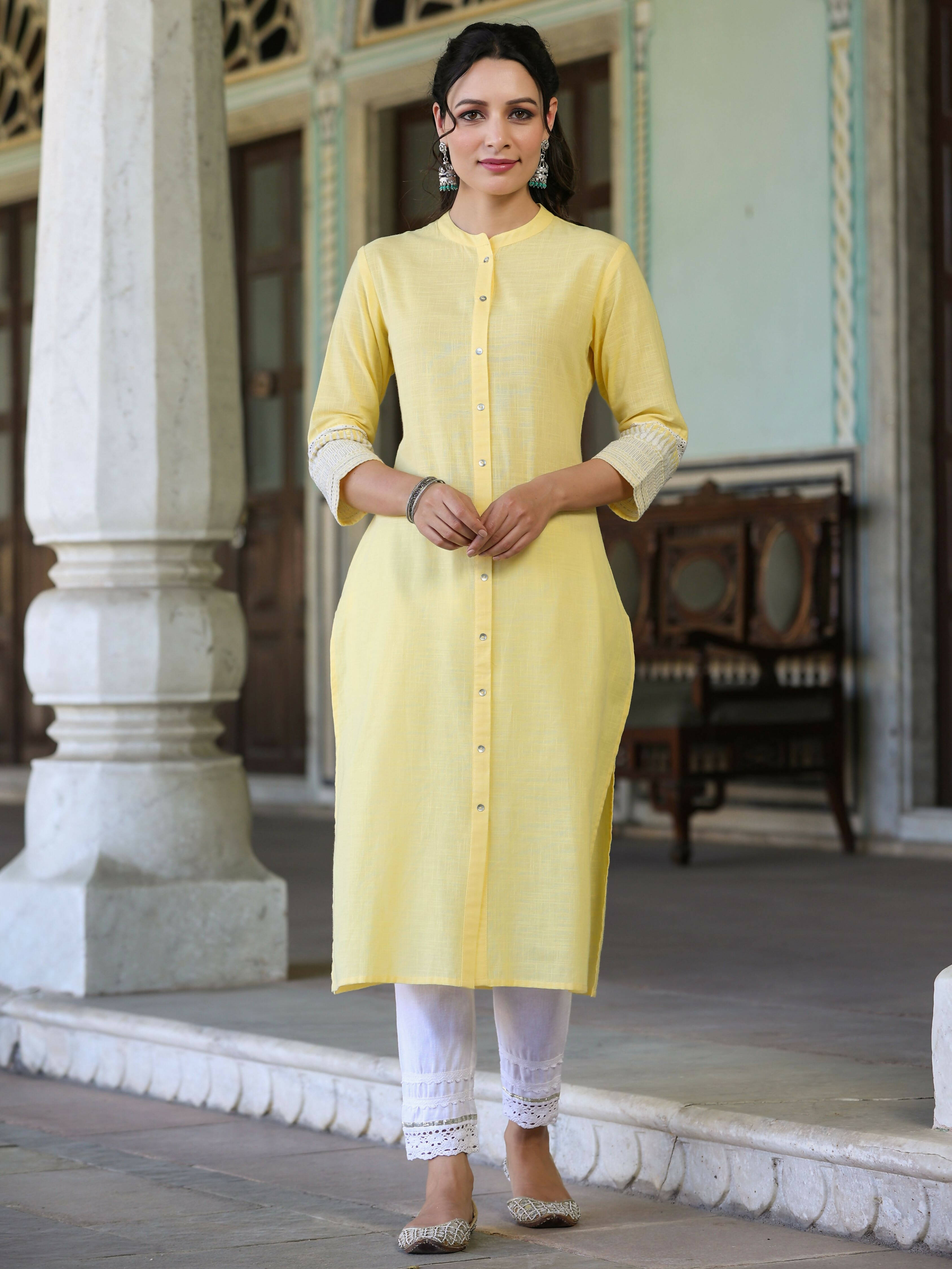 Juniper Women's Yellow Cotton Slub Embroidered Straight Kurta - Distacart
