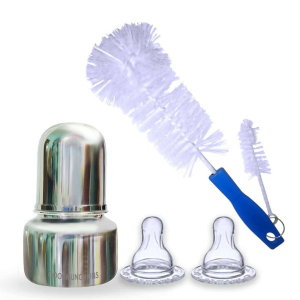 Goodmunchkins Stainless Steel Feeding Bottle with Anti Colic Silicone Nipple/Bottle Cleaning Nylon Brush (75ml, Blue) - Distacart