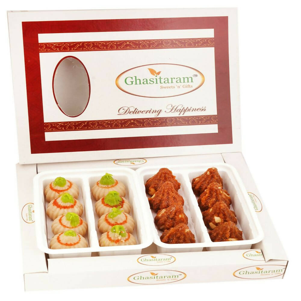 Ghasitaram White Box of Dodha Barfi and Kaju Modaks - Distacart