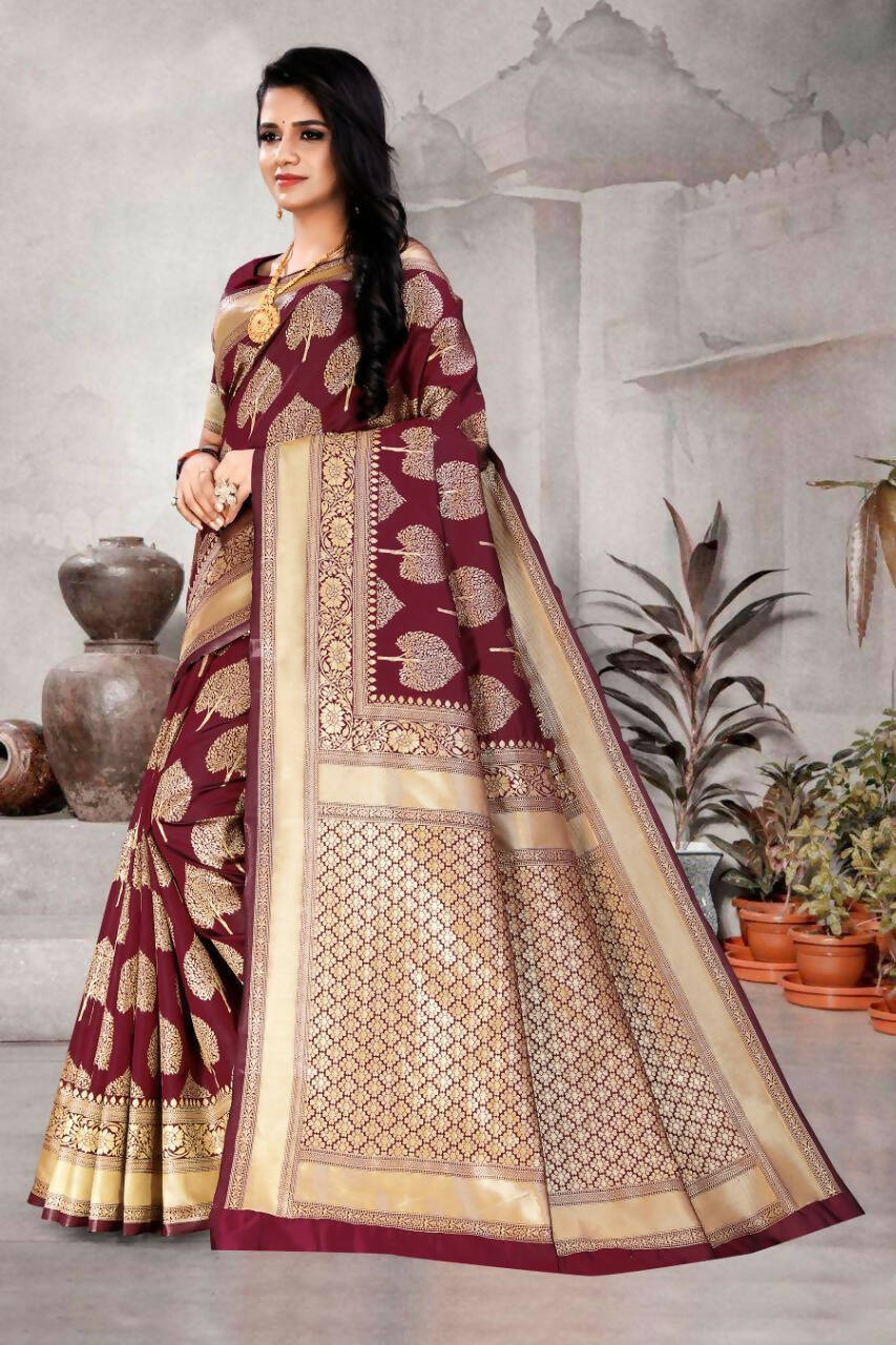 DEIANA'S Beautiful Golden Jari with New Design Soft Lichi Silk Saree - Maroon - Distacart