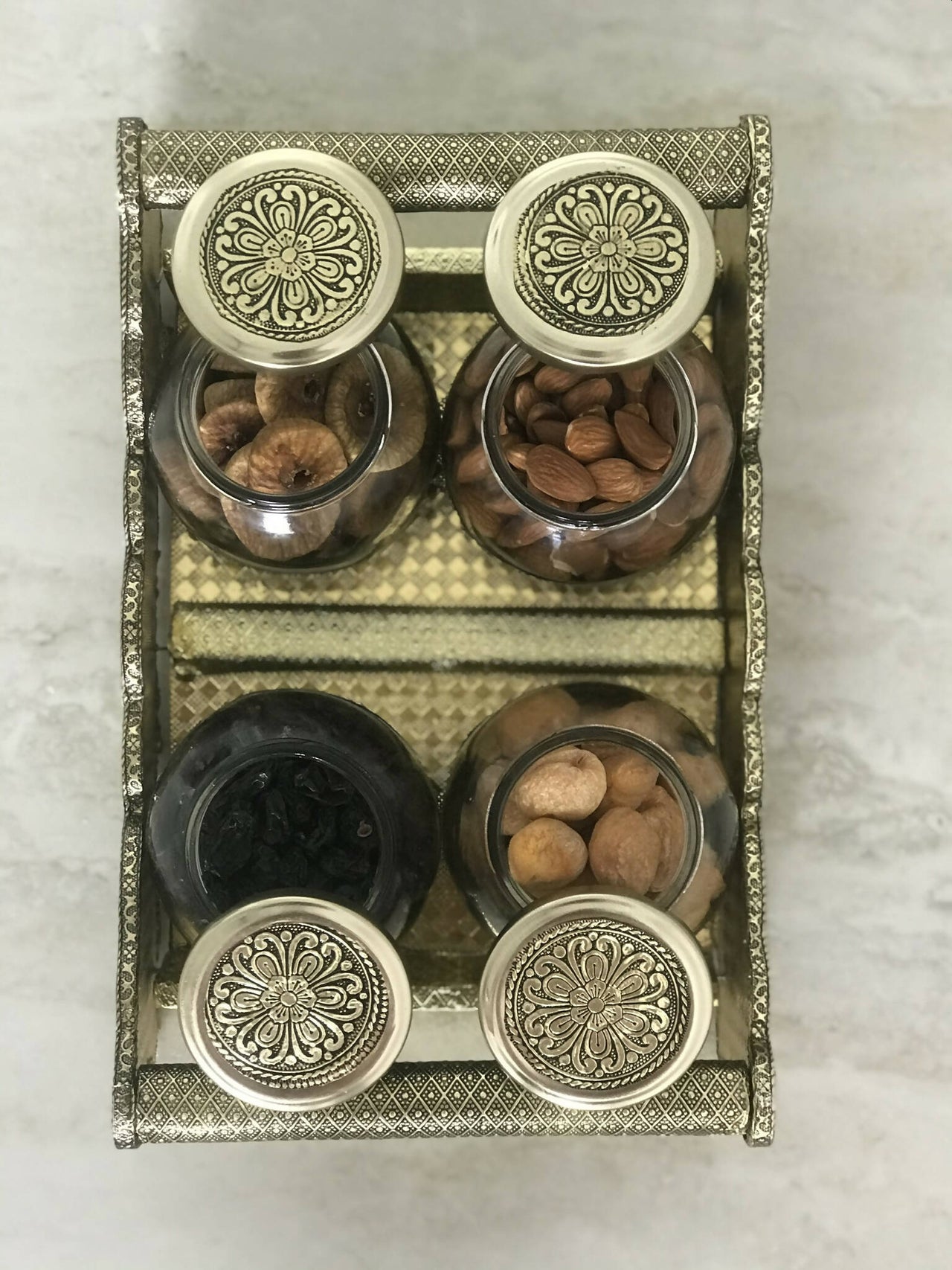 SK Mithaii | Assorted 4 Designed Jar Dry Fruit Tray | Almonds | Apricots | Figs | Black Resins - Distacart