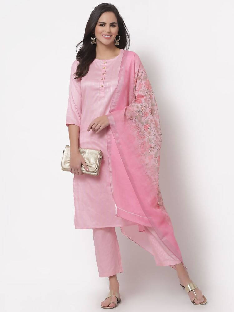 Myshka Women's Cotton 3/4 Sleeve Round Neck Casual Pink Kurta Pant Dupatta Set