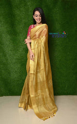 Thumbnail for Very Much Indian Pure Handwoven Organic Tissue Linen Saree - Golden Colour - Distacart