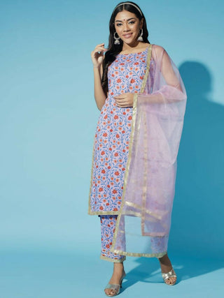 Myshka Women Printed Lavender Kurta & Trousers With Dupatta - Distacart
