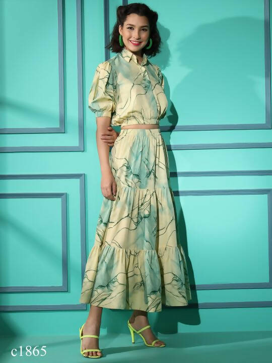 Green Rayon Tie dye Printed Top with Matching Skirt - Shivani - Distacart