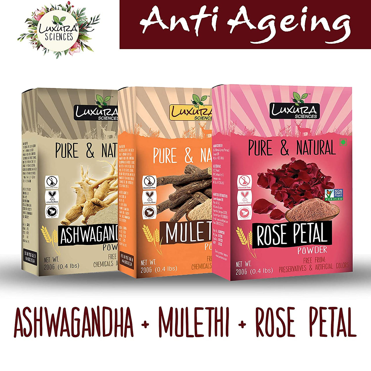 Luxura Sciences Natural Skin Care for Anti Ageing Set - Ashwagandha + Mulethi + Rose - Distacart