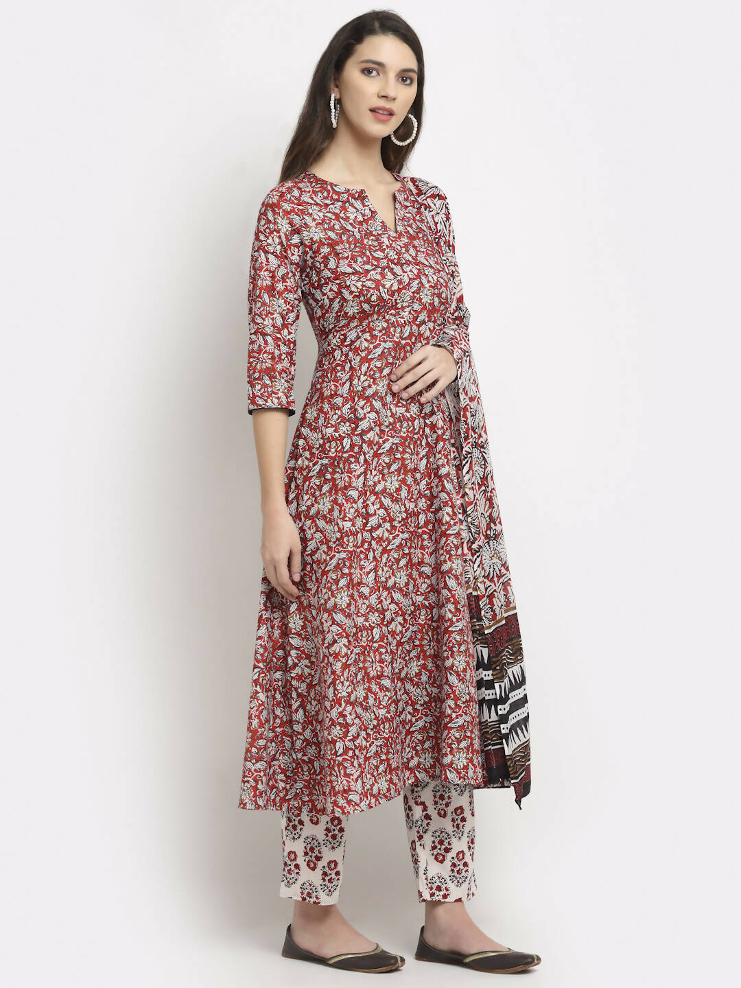 Rudra Bazaar Leaf Printed Anarkali Red Suit Set With Dupatta - Distacart