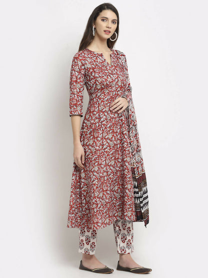 Rudra Bazaar Leaf Printed Anarkali Red Suit Set With Dupatta - Distacart