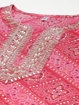 Yufta Women Pink Bandhani Printed Panelled Gotta Patti Kurta with Palazzo & With Dupatta