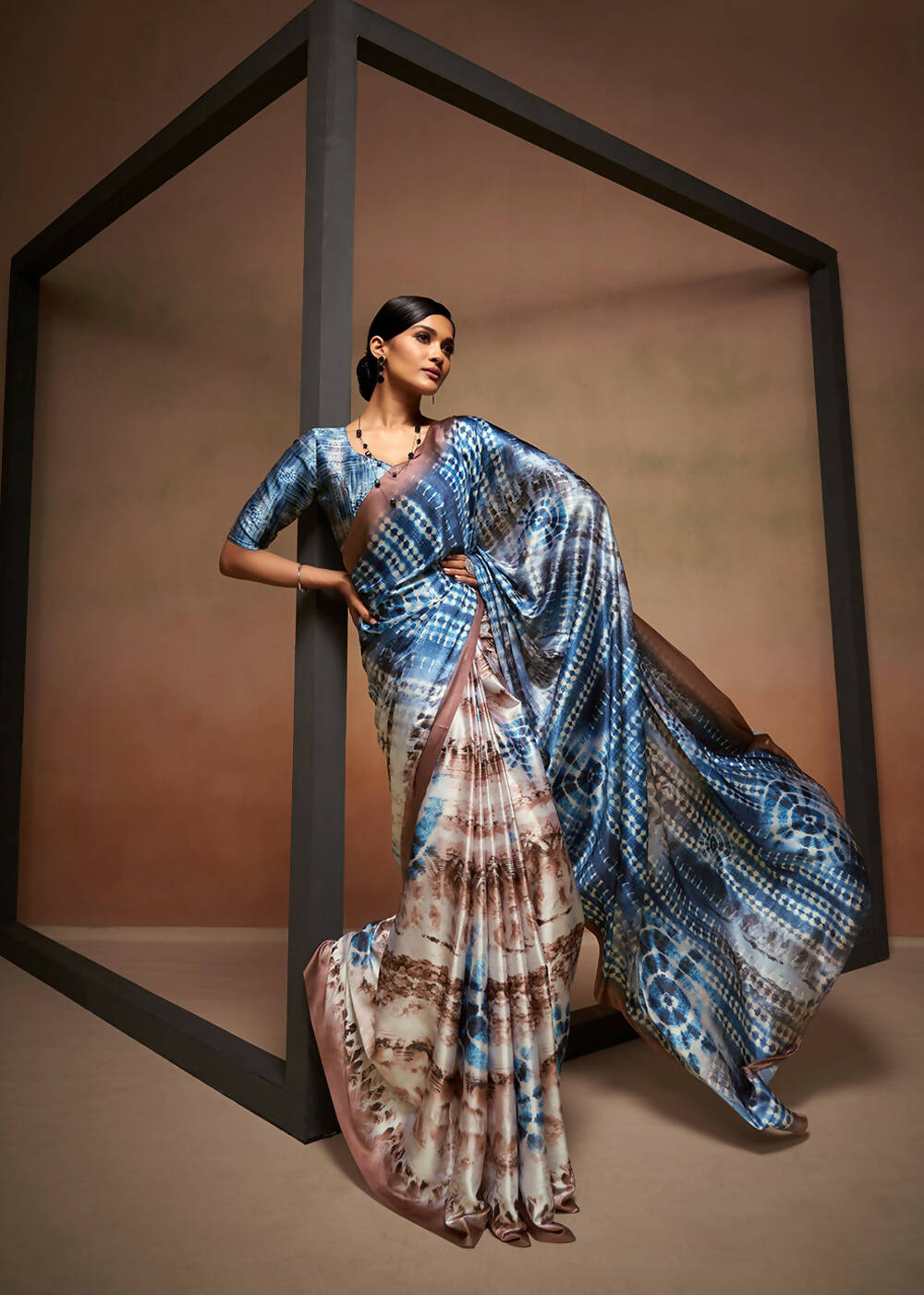 Blue Satin Digital Printed Saree with Unstitched Blouse Piece - Jodha - Distacart
