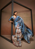 Thumbnail for Blue Satin Digital Printed Saree with Unstitched Blouse Piece - Jodha - Distacart