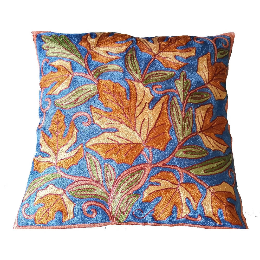 The Decor Nook Hand Embroidered Crewel Cushion Covers in Mustard & Off White Chinar Leaf Motif with Navy Blue Base - Distacart