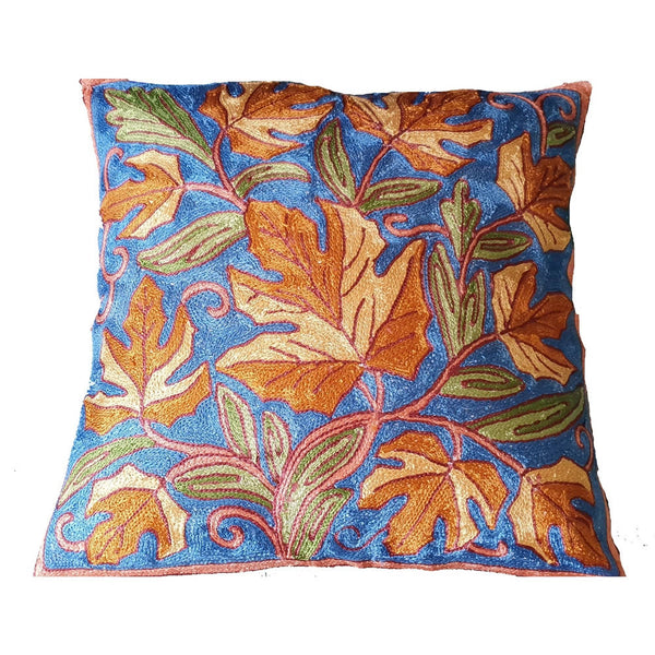 The Decor Nook Hand Embroidered Crewel Cushion Covers in Mustard & Off White Chinar Leaf Motif with Navy Blue Base - Distacart