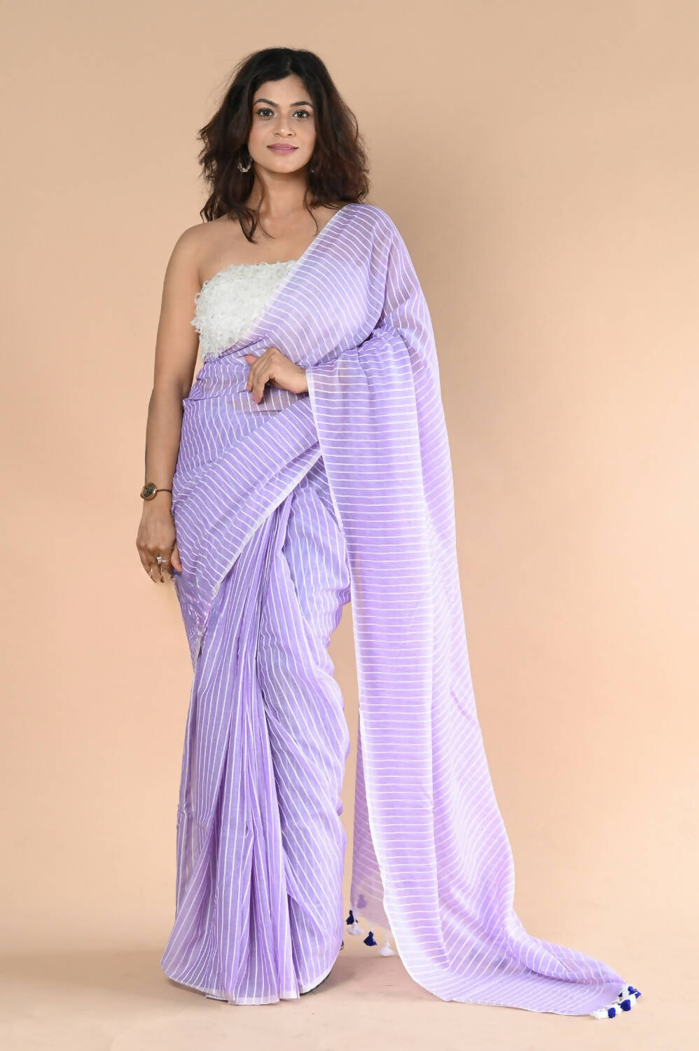 Very Much Indian Designer Pure Cotton Saree With All Over Linear Stripes - Lavender - Distacart