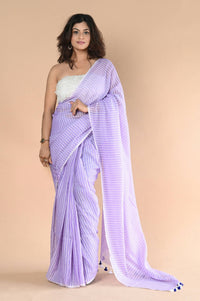 Thumbnail for Very Much Indian Designer Pure Cotton Saree With All Over Linear Stripes - Lavender - Distacart