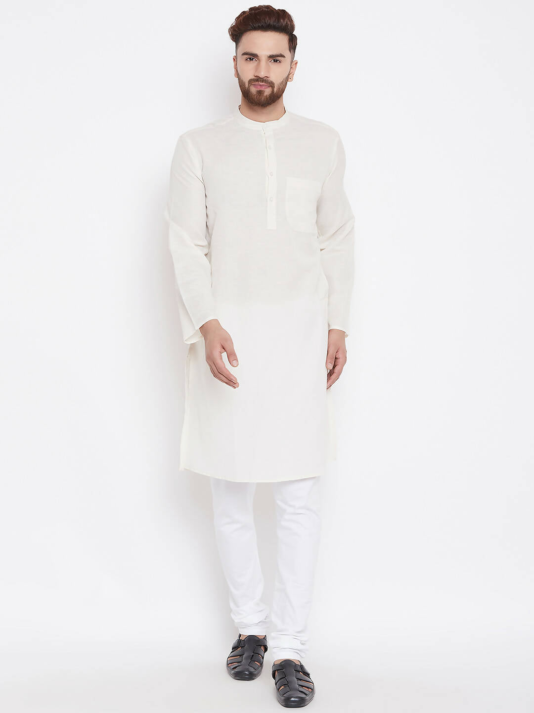 Even Apparels Cream Linen Men's Kurta With Band Collar - Distacart