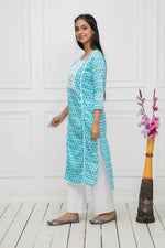 Thumbnail for Myshka Blue Women Solid Cotton Straight Round Neck Kurtas - Distacart
