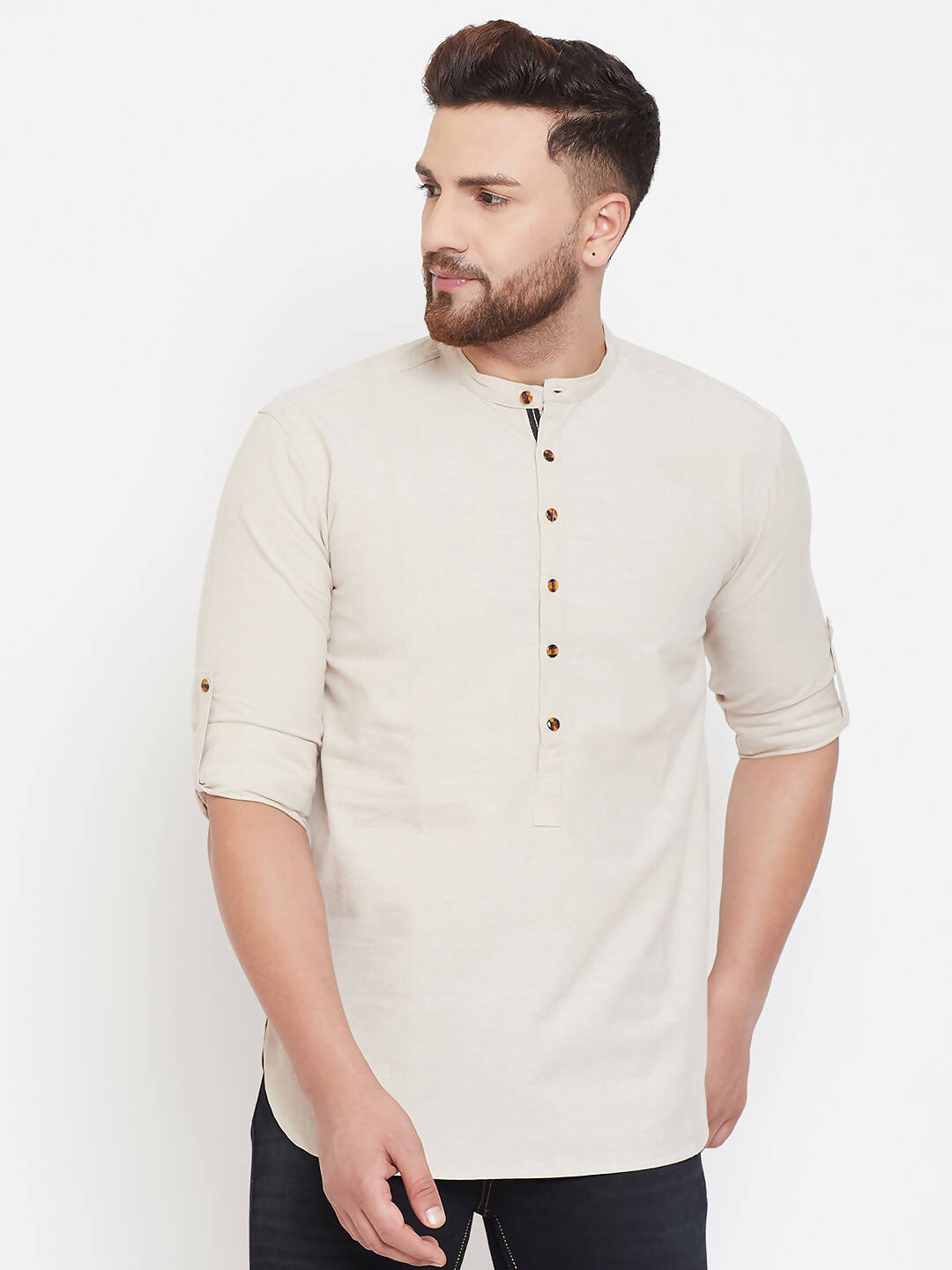 Even Apparels Beige Pure Cotton Men's Kurta With Band Collar - Distacart