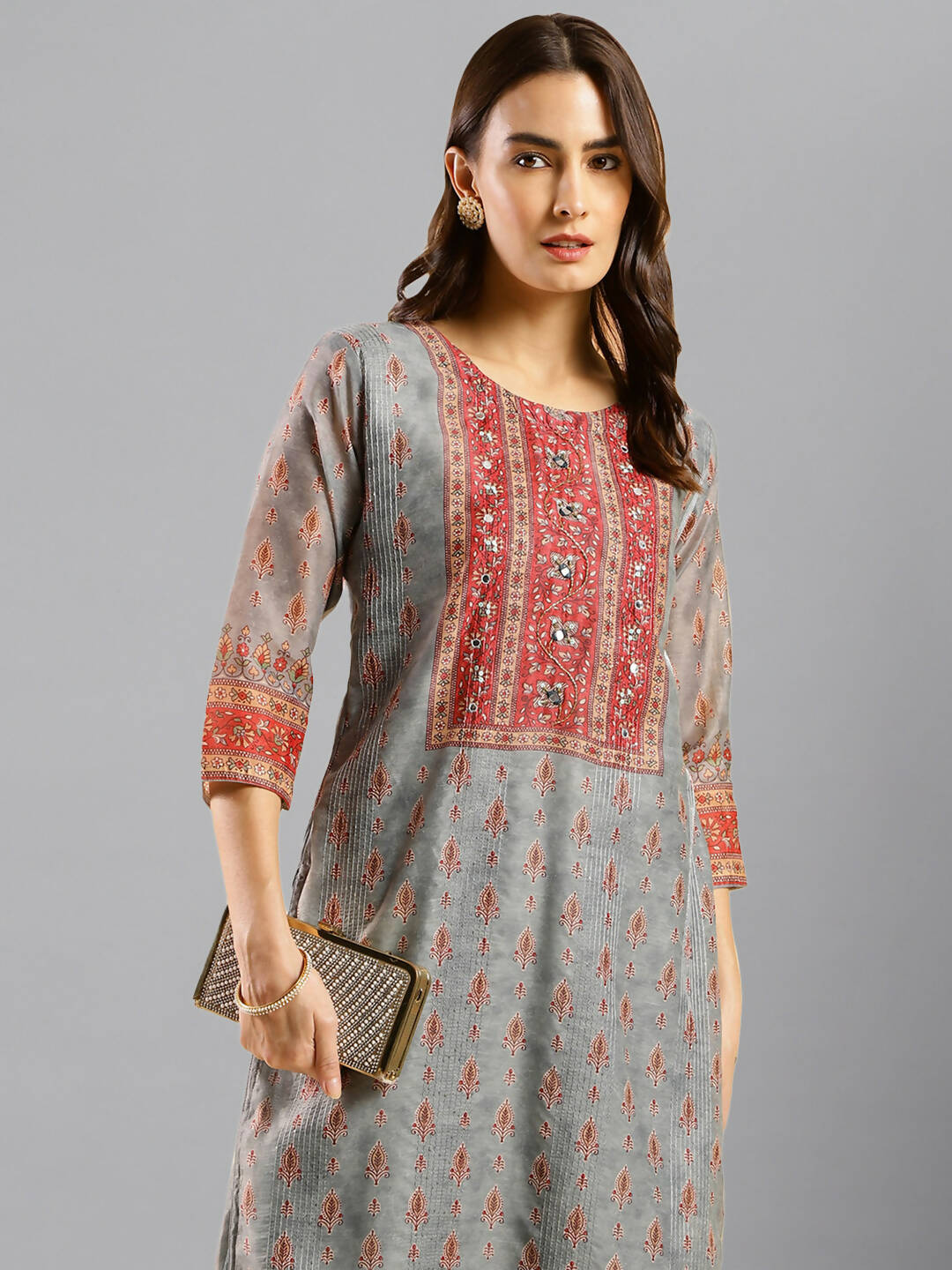 Grey Chinon Digital Printed With Hand Work Kurta - Himanshi - Distacart
