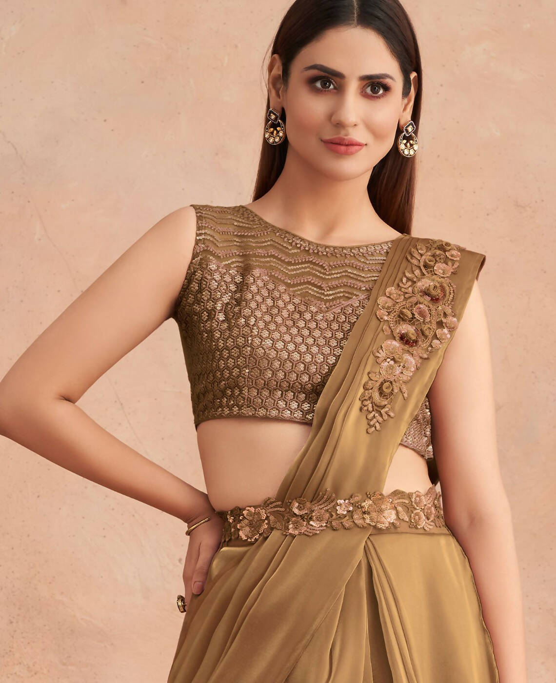 Beige Satin Embroidered Ready To Wear Saree With Unstitched Blouse Piece - Nandika - Distacart