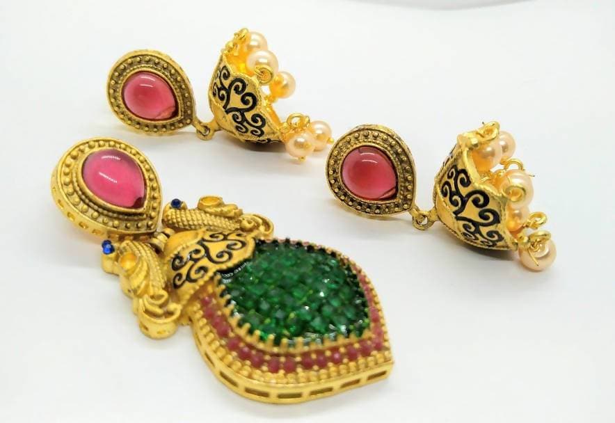 Multicolor Matt Finish Peacock Pendant Set