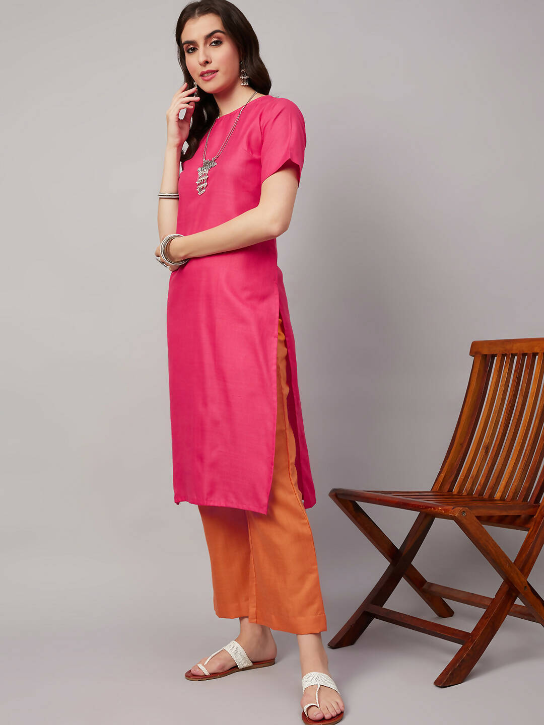 Pink Polyester solid Kurta with Palazzos - Vishwa - Distacart