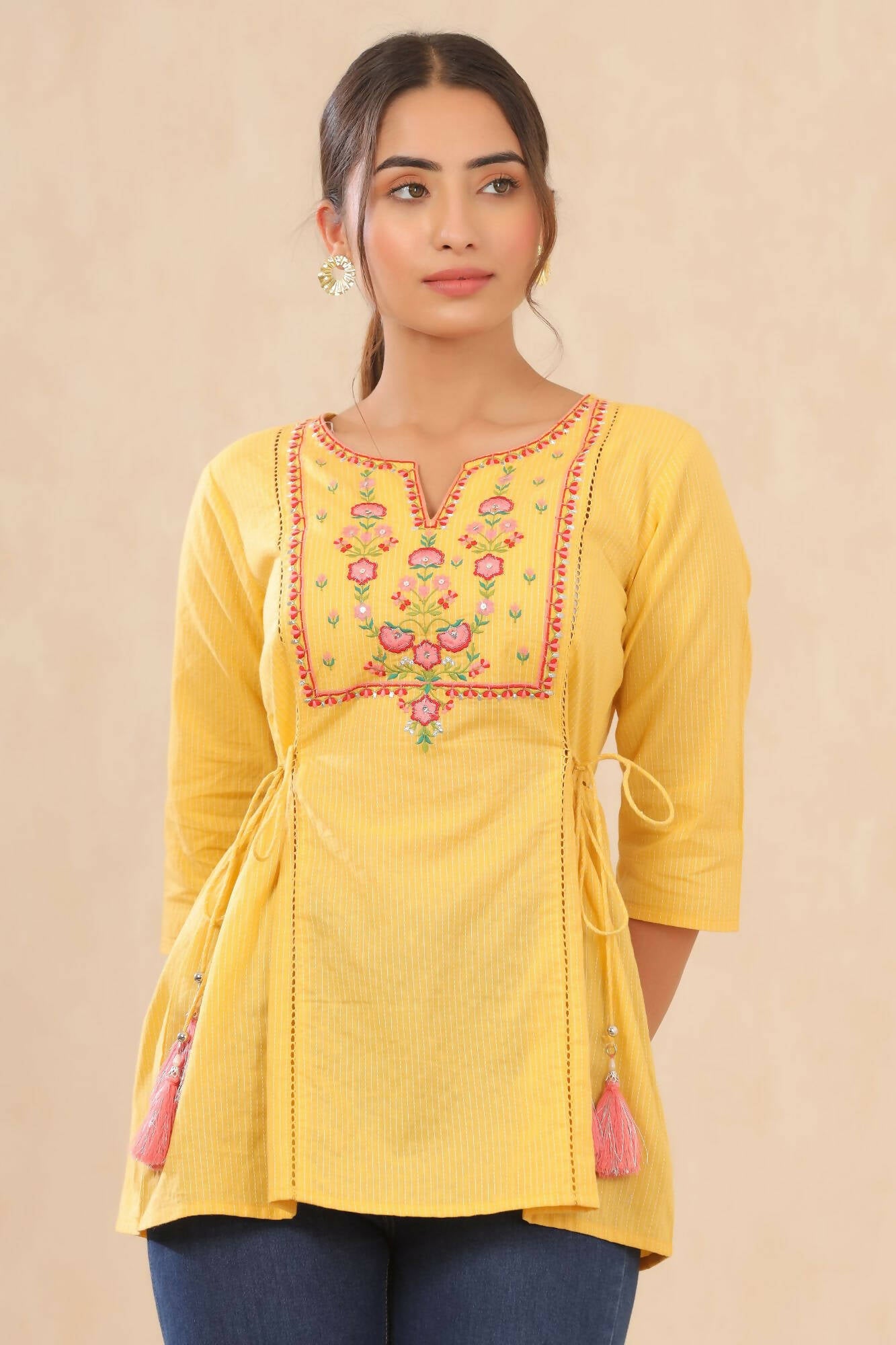 Juniper Women Yellow Cotton Dobby Embroidered A-Line Tunic - Distacart