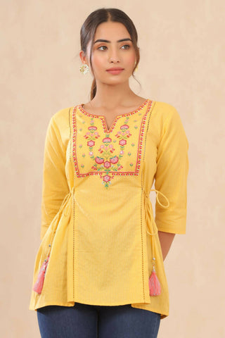 Juniper Women Yellow Cotton Dobby Embroidered A-Line Tunic - Distacart