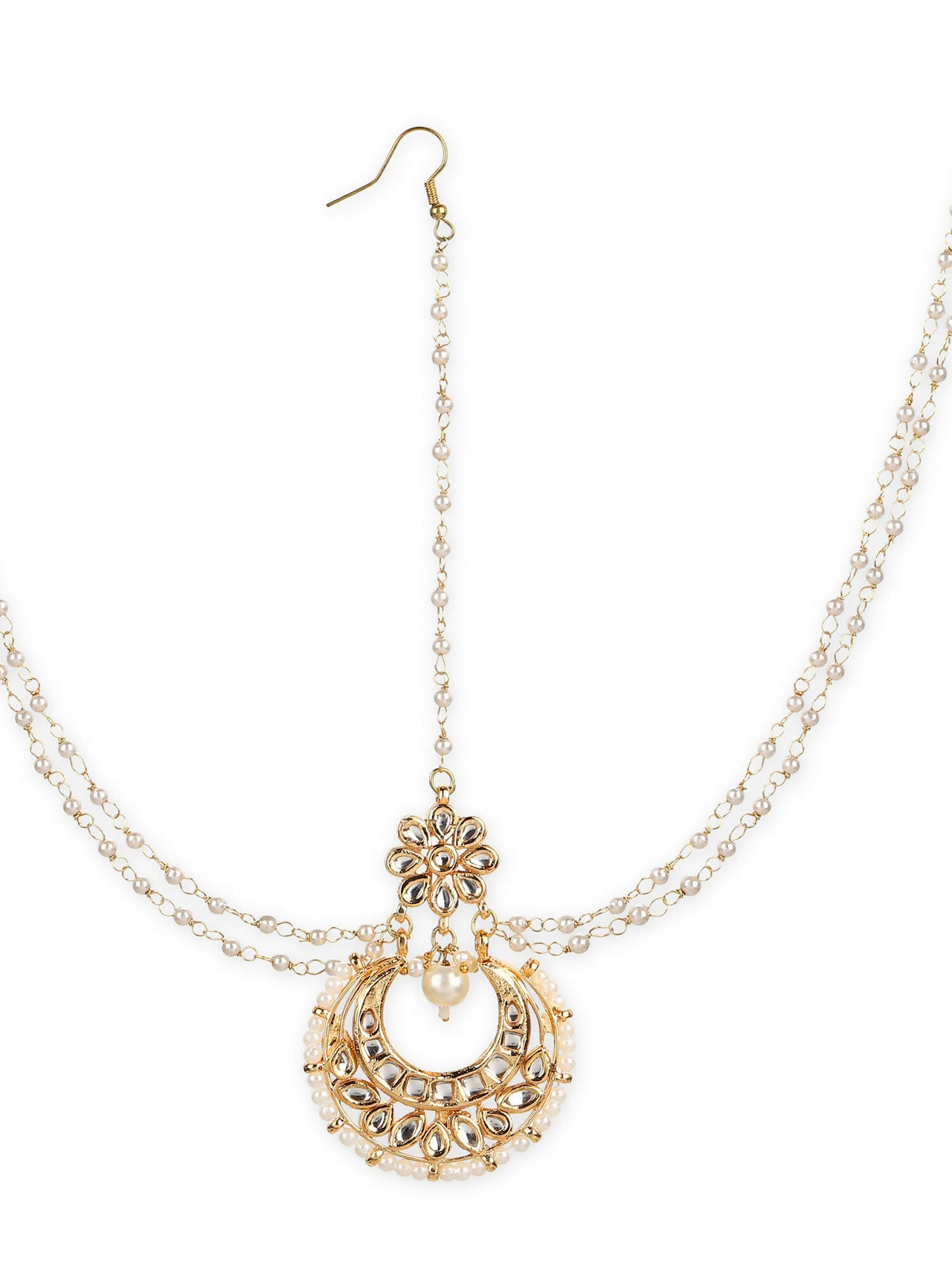 Gold-Plated White Kundan-Studded Faux Pearl Beaded Maathapatti - Ruby Raang - Distacart