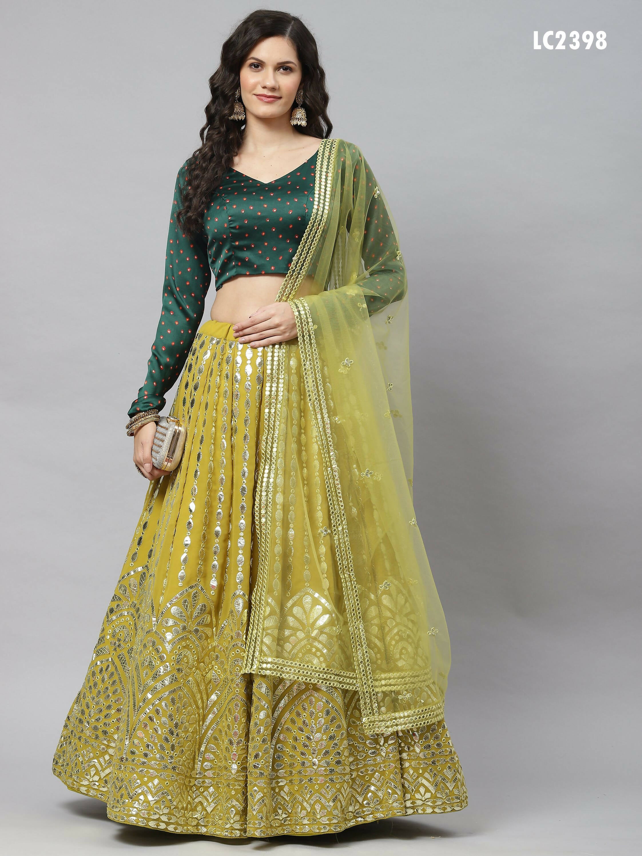 Fluorescent green Georgette Paper Mirror Embroidery Work Lehenga Choli with Dupatta - Jivika - Distacart