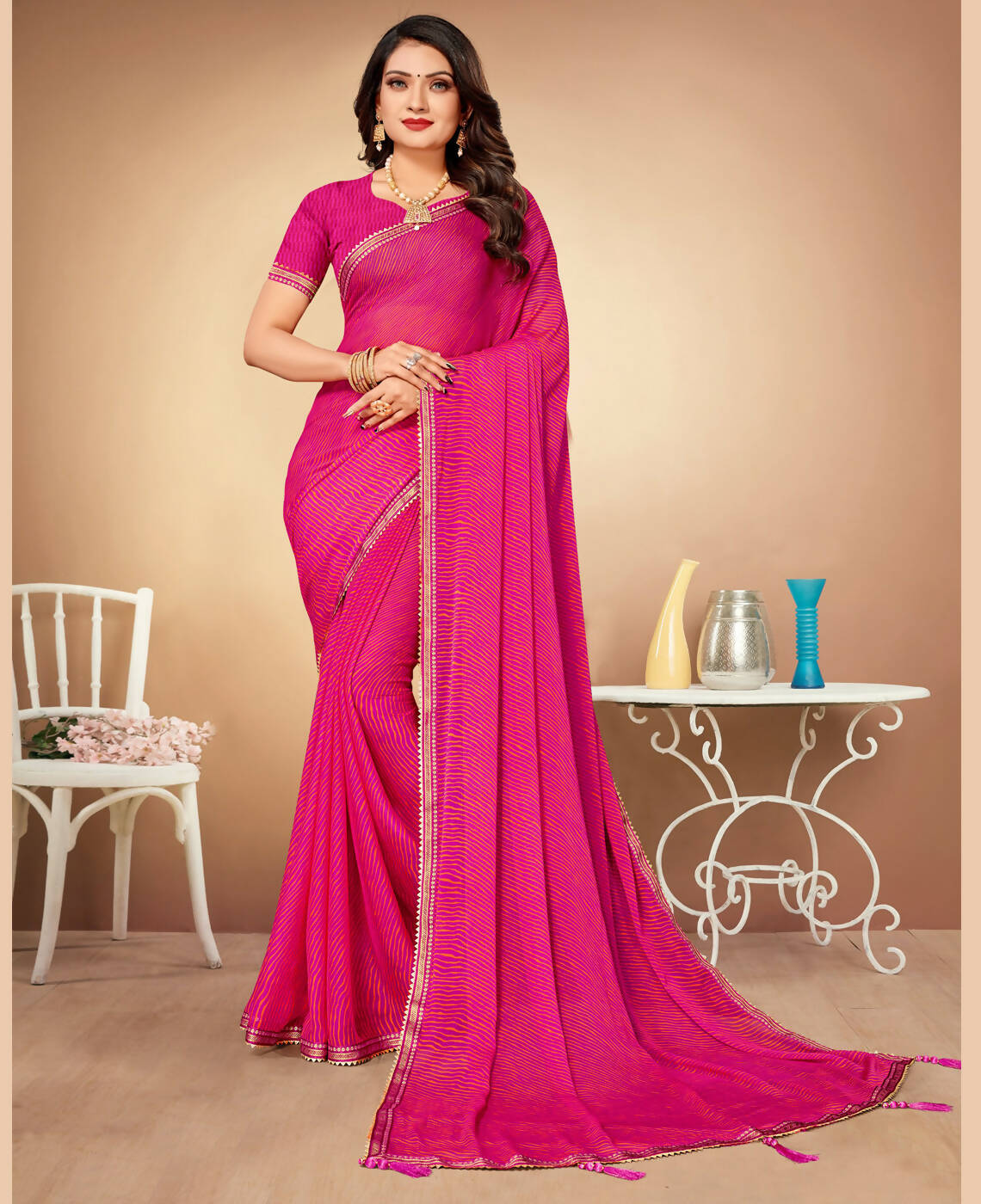 Pink Chiffon Leheriya Printed Saree With Unstitched Blouse Piece - Swarna - Distacart