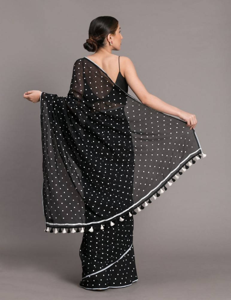 Suta Black White Polka Dots Printed Pure Cotton Saree - Distacart