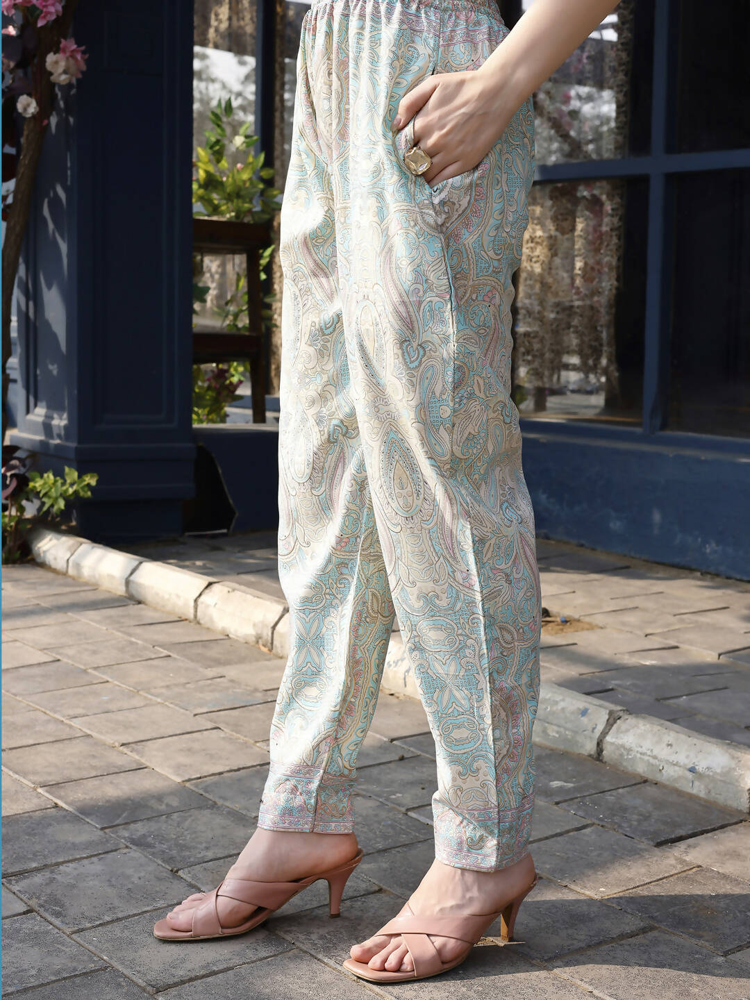 Sky Blue Rayon Paisley & Floral Printed Top with Matching Bottom - Eesha - Distacart