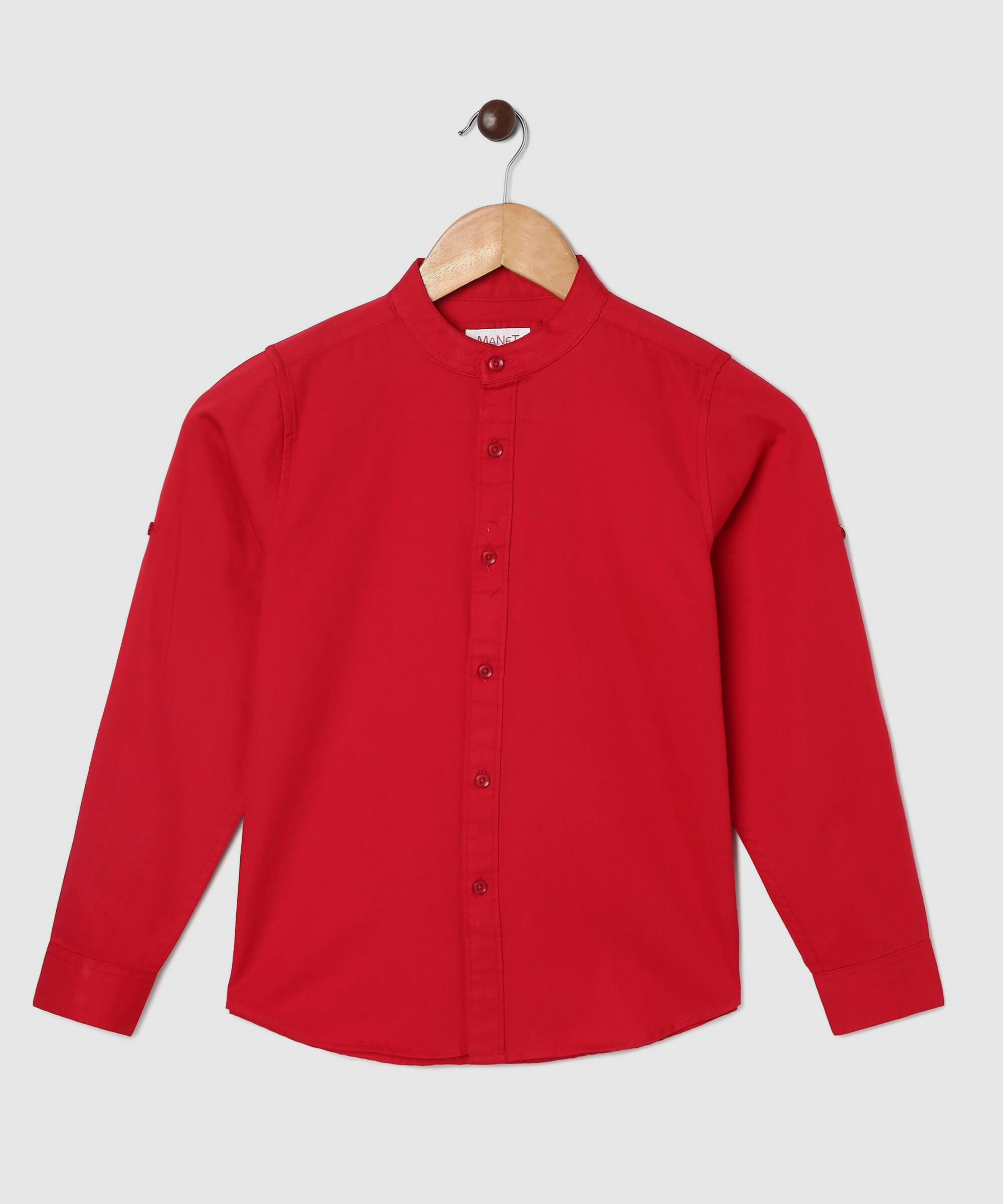 Manet Boys Mandarin Collar Full Sleeves Melange Shirt - Red - Distacart