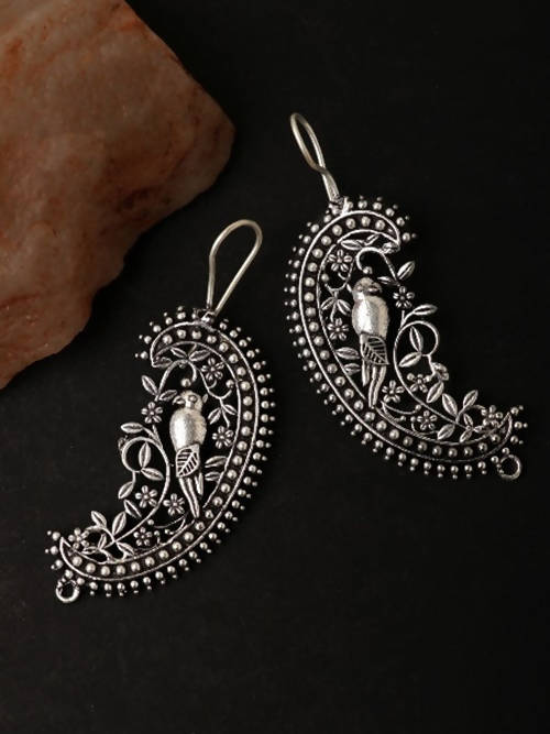 Mominos Fashion Johar Kamal Silver Parrot Hoops and Ghungroo Bali Combo Earrings