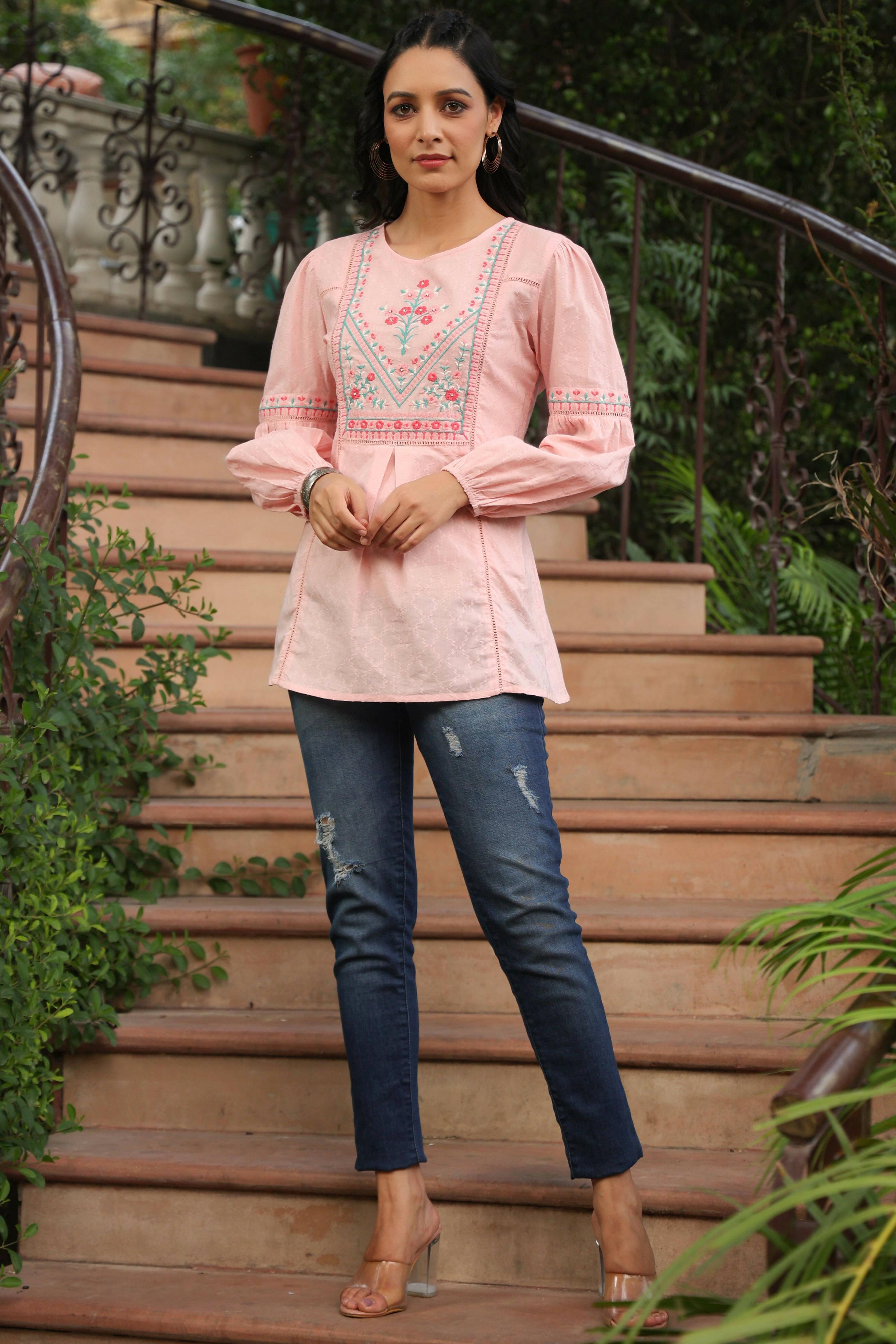 Juniper Women's Peach Cotton Dobby Solid Embroidered Straight Tunic - Distacart