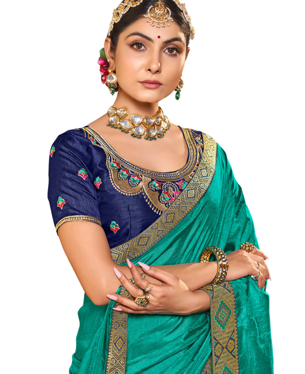 Sea Green Solid Vichitra Saree With Unstitched Blouse Piece - Selena - Distacart