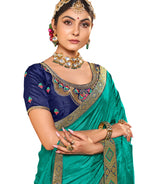 Thumbnail for Sea Green Solid Vichitra Saree With Unstitched Blouse Piece - Selena - Distacart