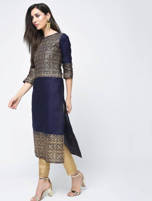 Aniyah Cotton Block Printed Navy Blue Latest Straight Kurta (AN-133K)