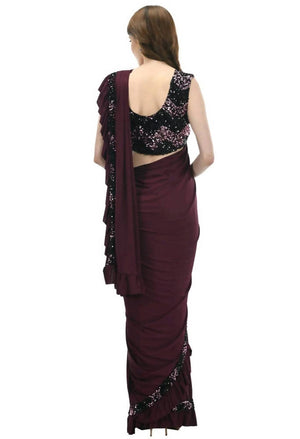 Wine And Black Colour Ruffled Ready To Wear Saree