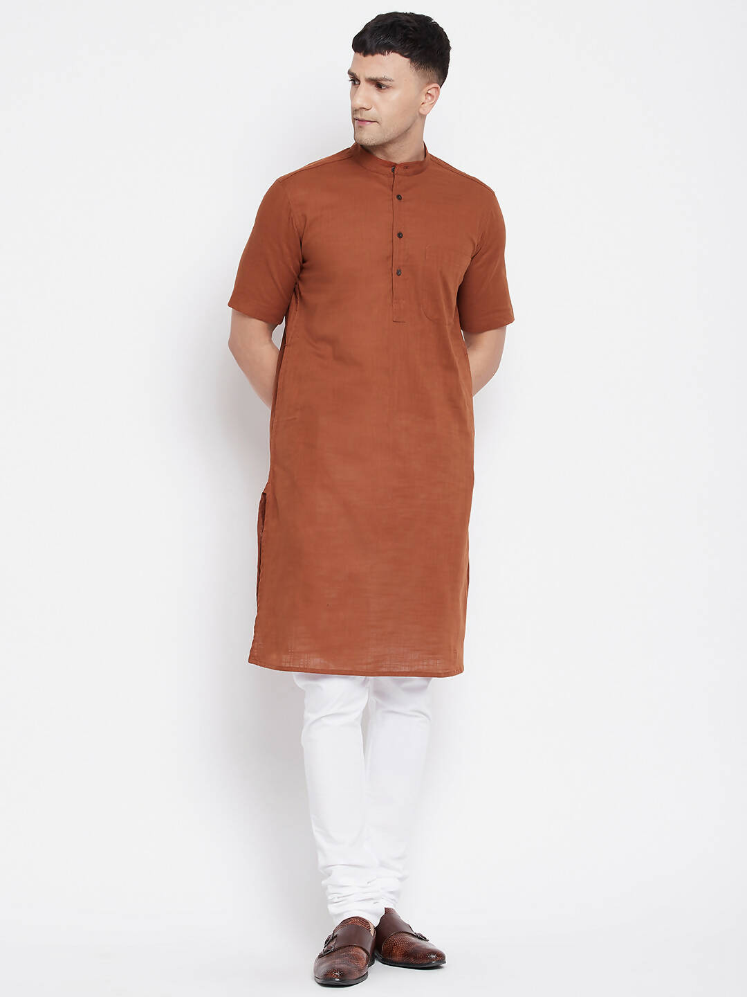 Even Apparels Brown Pure Cotton Men's H/S Kurta With Band Collar - Distacart