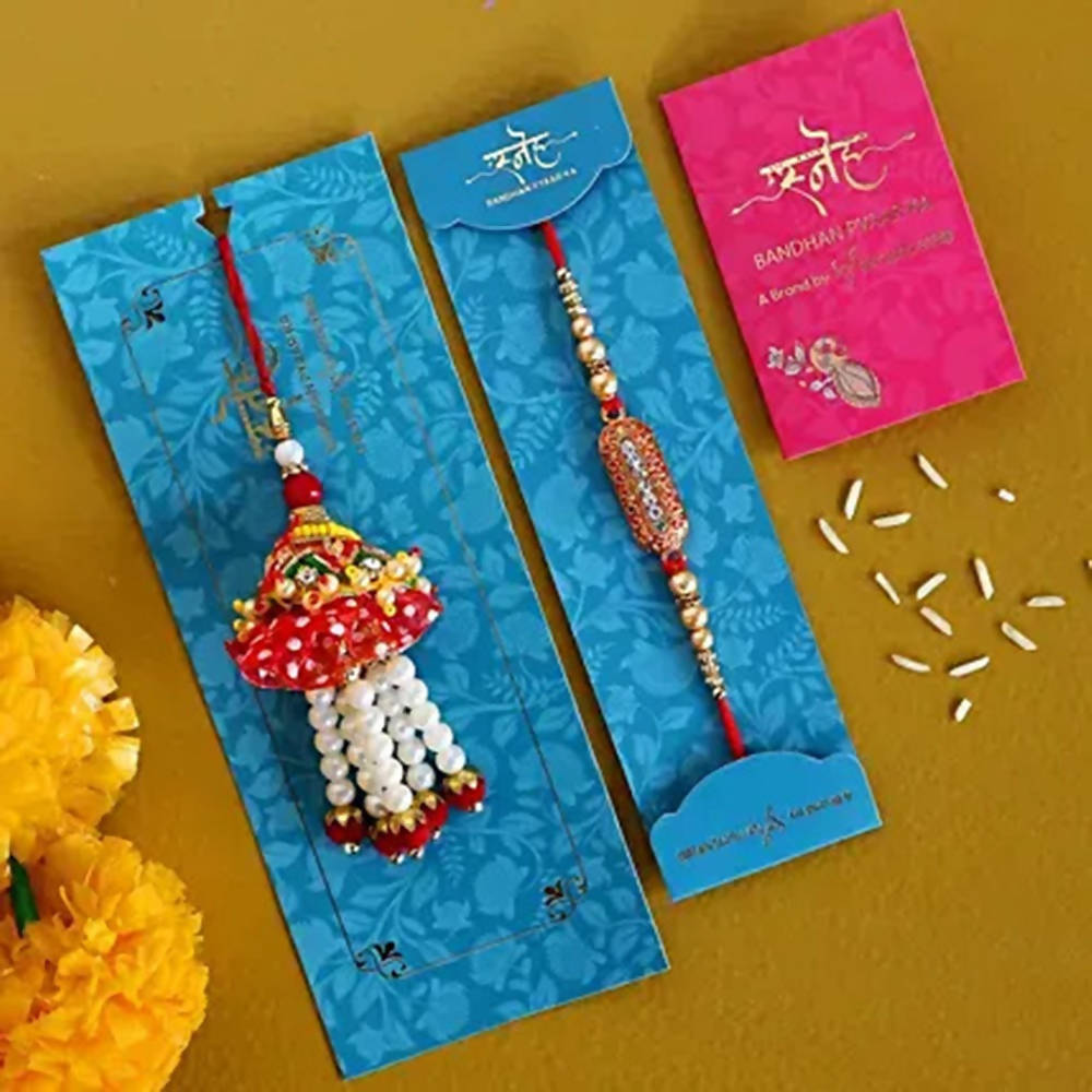 Capsule Rakhi & Pearl Lumba Set
