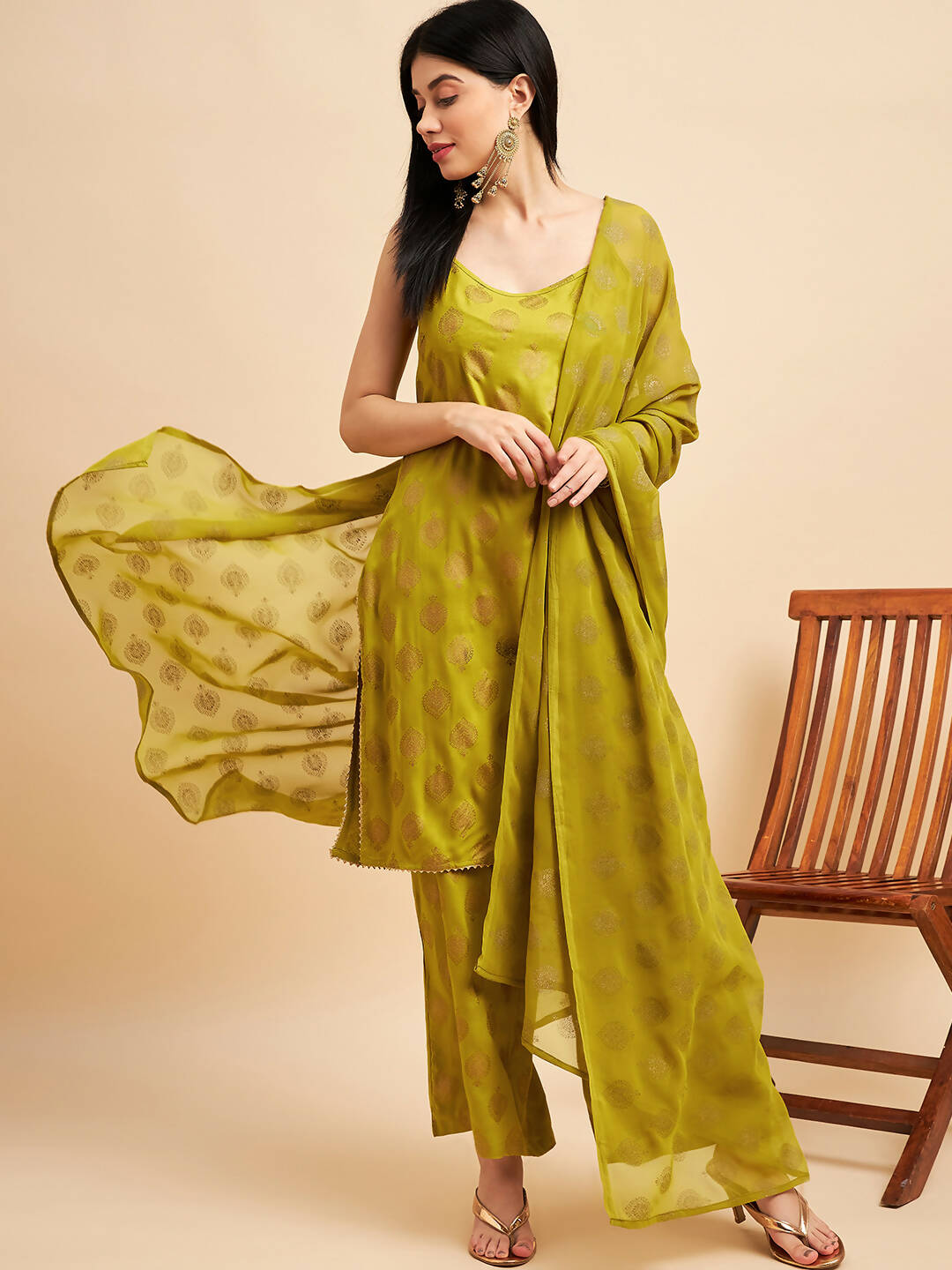 Lime Green & Golden Ethnic Motifs Print Kurta with Palazzo & Dupatta - Vishwa - Distacart