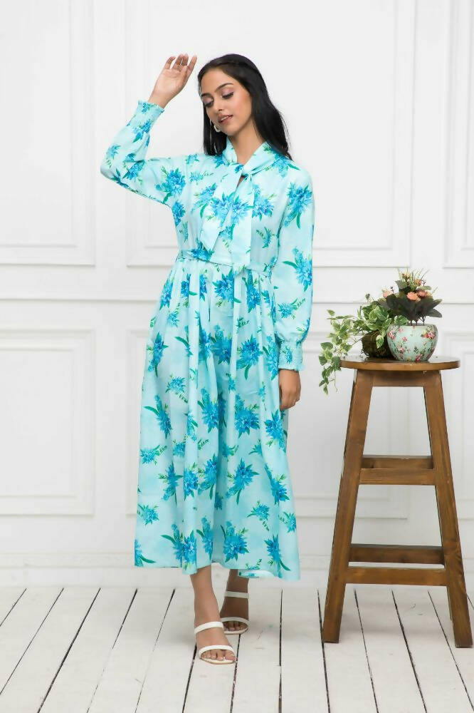 Myshka Women Blue Floral Rayon A-Line Shirt Collar Dress - Distacart